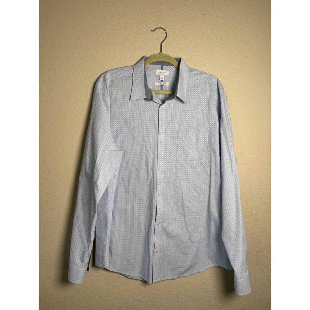 calvin klein mens 100% cotton button up size XL white blue patterned
